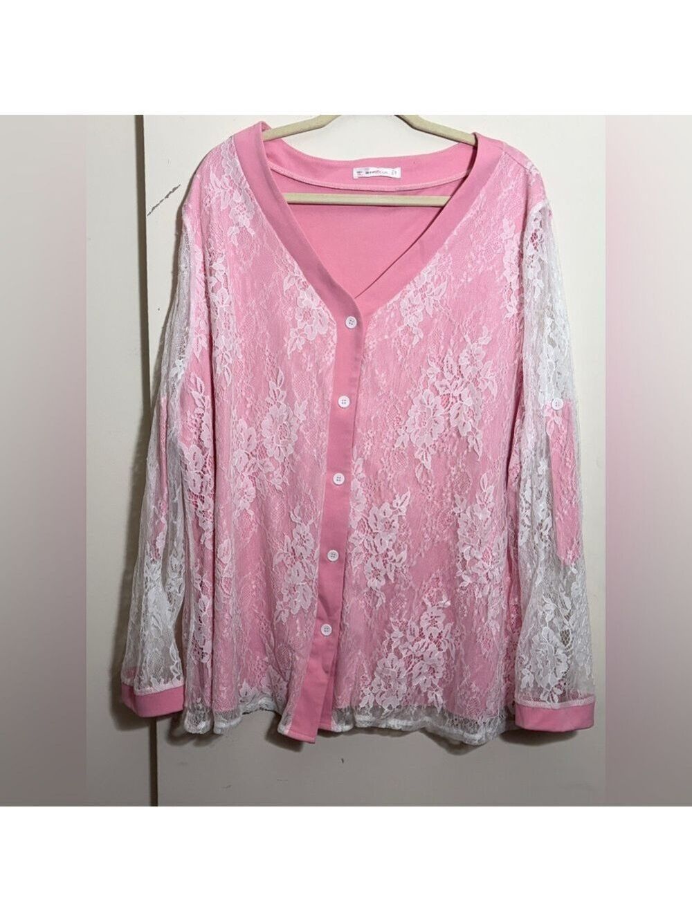 Rosegal Pink Sheer Floral Lace Long Sleeve Top Size 5x
